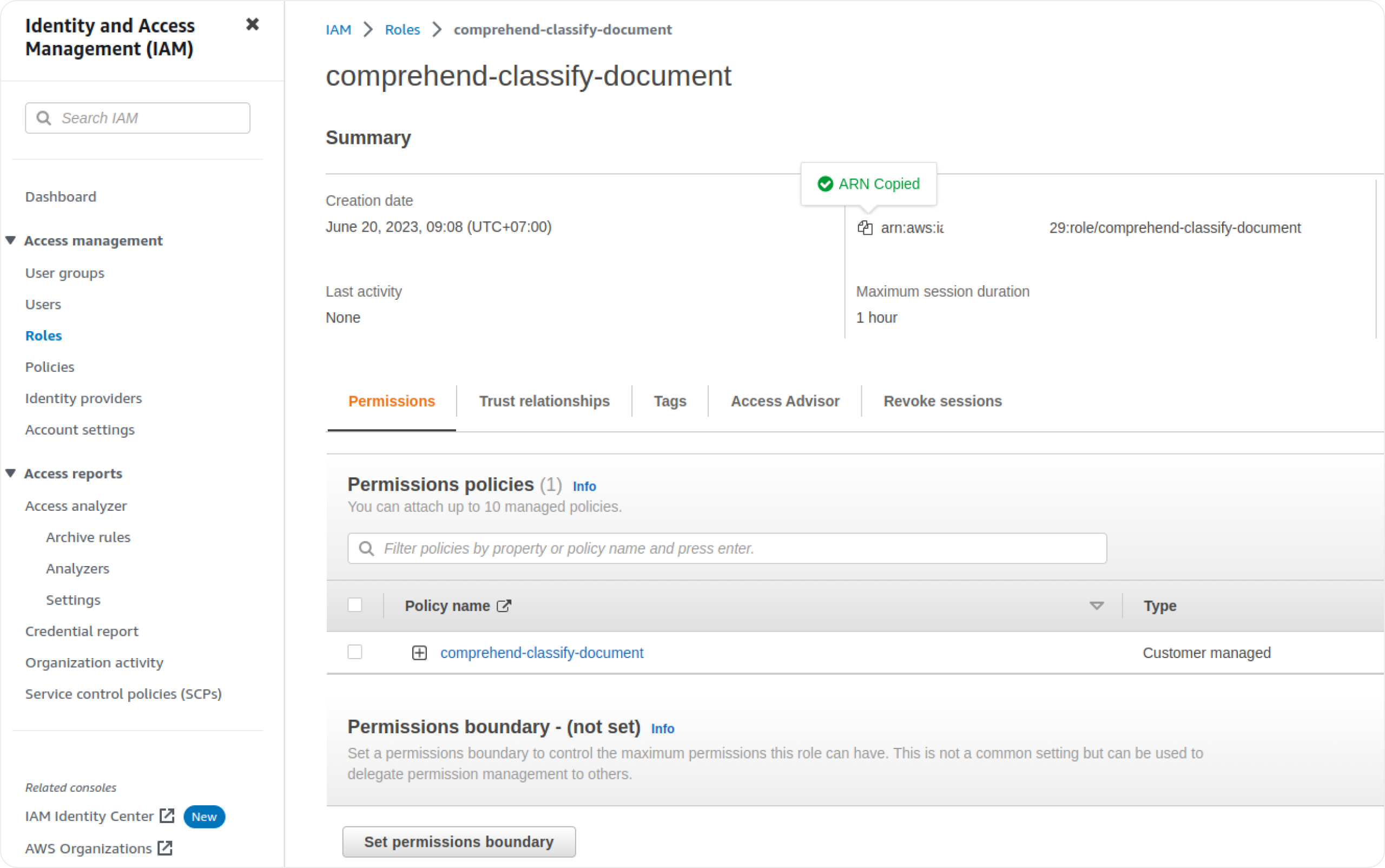 Image of Role Menu to copy Role ARN
