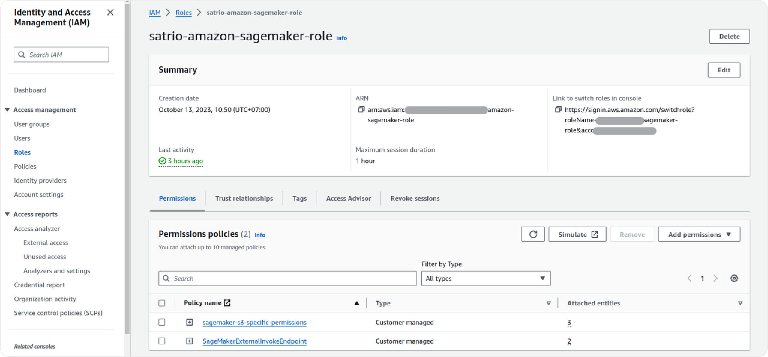 Image of Role page to copy role ARN