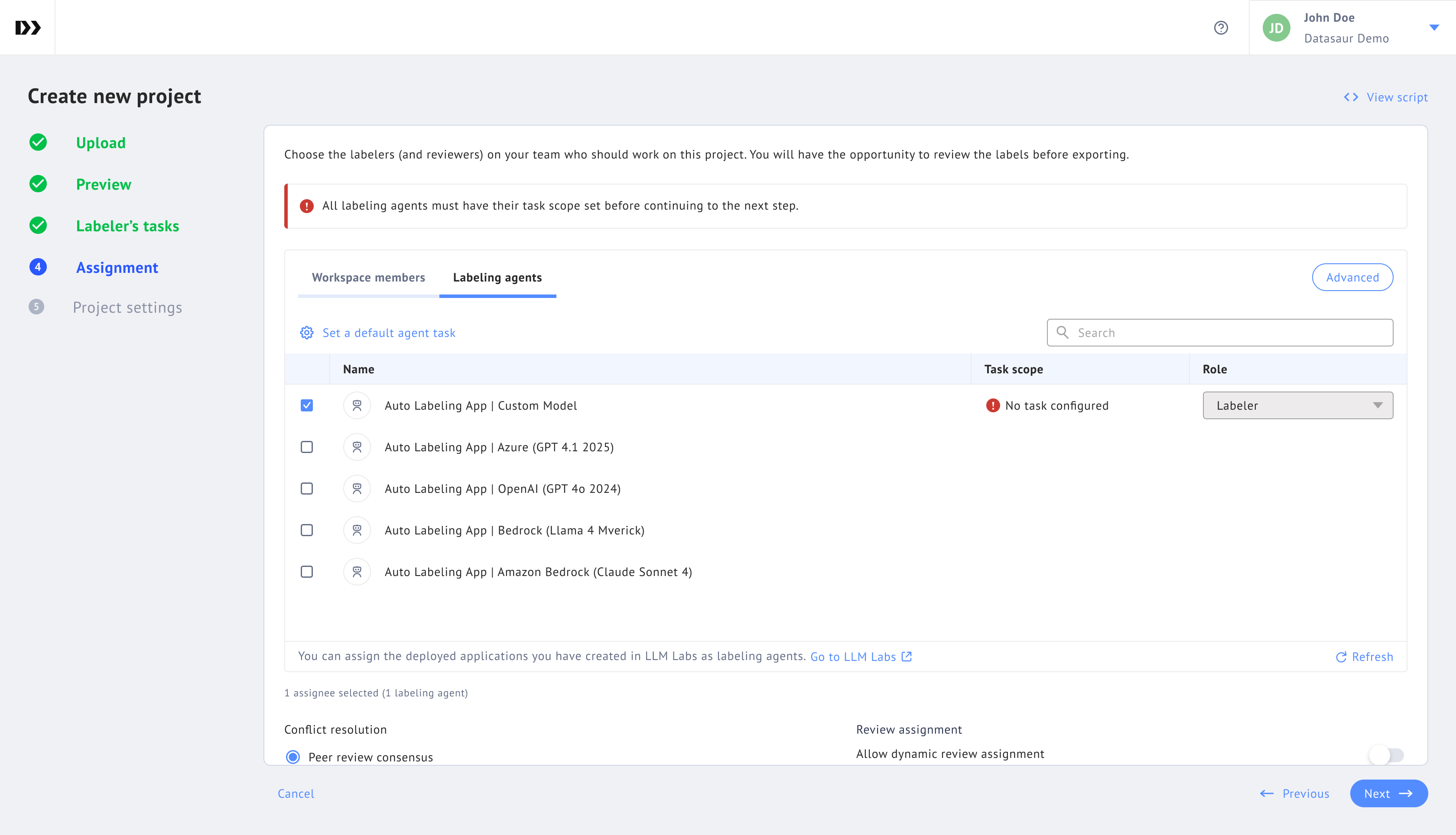 Selecting deployed LLM Labs Sandbox as labeling agent